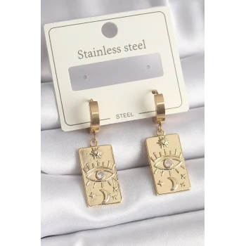 316l Çelik Gold Renk Zirkon Taşlı Göz İşleme Detay Plaka Model Kadın Küpe