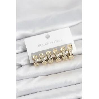 316L Çelik Gold Renk Zirkon Taşlı Halka Küpe Seti