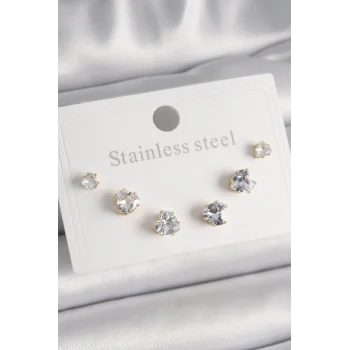 316L Çelik Gold Renk Zirkon Taşlı Kalp Model Kadın Küpe Seti