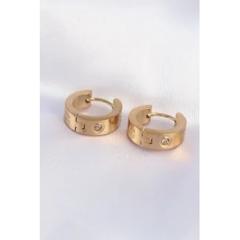 Çelik Gold Renk Zirkon Taşlı Minimal Model Halka Küpe