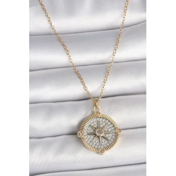 316L Çelik Gold Renk Zirkon Taşlı Pusula Model Kadın Kolye