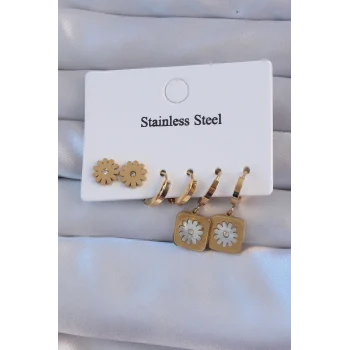 316l Çelik Gold Renk Zirkon Taşlı Sedefli Papatya Model Halka Küpe Seti