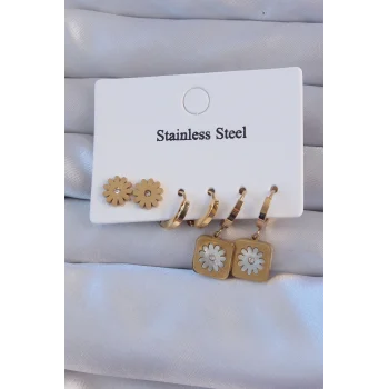 316L Çelik Gold Renk Zirkon Taşlı Sedefli Papatya Model Halka Küpe Seti