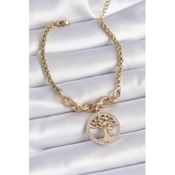 316l Çelik Gold Renk Zirkon Taşlı Yaşam Ağacı Figür Kadın Bileklik