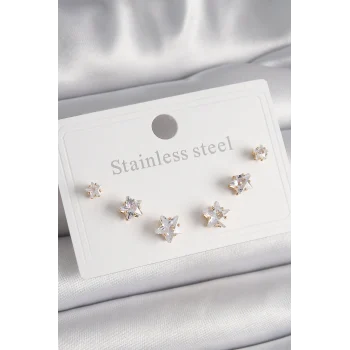 316L Çelik Gold Renk Zirkon Taşlı Yıldız Model Kadın Küpe Seti