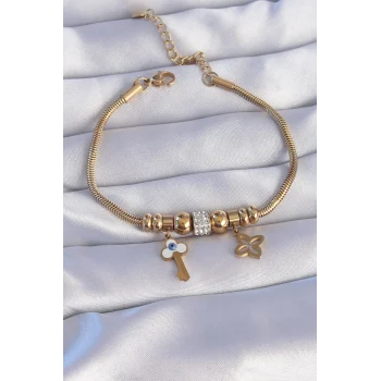 316l Çelik Gold Renk Zirkon Taşlı Yonca Detay Nazarlı Anahtar Tasarımlı Bileklik