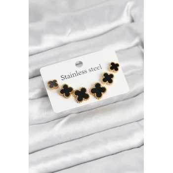 316l Çelik Gold Siyah Renk 3 Boy Yonca Küpe Seti