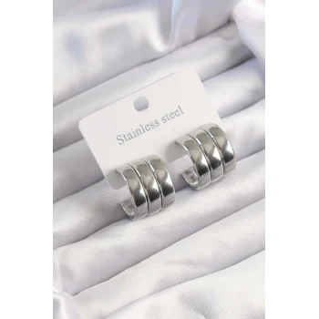 316L Çelik Gümüş Renk 3lü Görünüm Bombe Model Yarım Halka Küpe