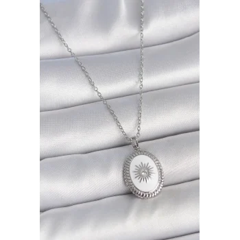 316L Çelik Gümüş Renk Beyaz Mineli Güneş İşlemeli Nazar Boncuk Detay Madalyon Model Kadın Kolye
