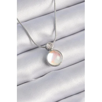 316L Çelik Gümüş Renk Beyaz Sedefli Vintage Model Kadın Kolye