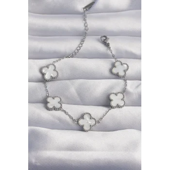 316L Çelik Gümüş Renk Beyaz Sedefli Yonca Bileklik