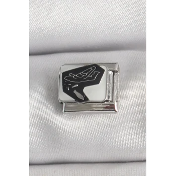 316L Çelik Gümüş Renk Beyaz Siyah Uçak İşlemeli Portre Model Nomination Charm