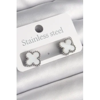 316L Çelik Gümüş Renk Beyaz Yonca Model Kadın Küpe