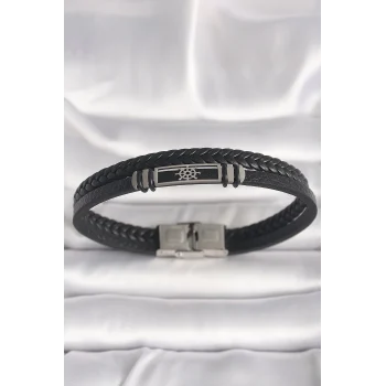 316L Çelik Gümüş Renk Gemi Dümeni Figür Siyah Burgu Deri Kordon Model Erkek Bileklik