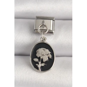316L Çelik Gümüş Renk Gümüş Çiçek İşlemeli Siyah Portre Model Nomination Charm