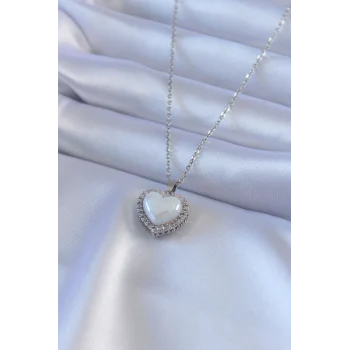 316l Çelik Gümüş Renk İncili Kalp Model Zirkon Taşlı Kadın Kolye