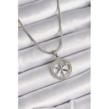 316L Çelik Gümüş Renk İtalyan Zincir Zirkon Taşlı Kutup Yıldız Model Kadın Kolye