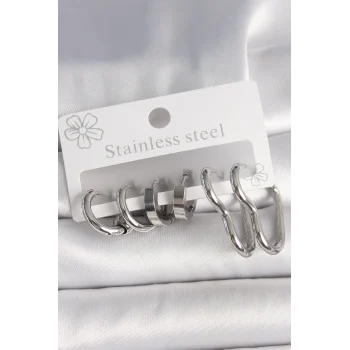 316L Çelik Gümüş Renk Kalp Halka Model Kadın Küpe Seti