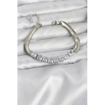 316L Çelik Gümüş Renk Kare Zirkon Taşlı Yılan Zincirli Kadın Bileklik