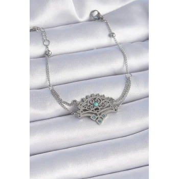 316L Çelik Gümüş Renk Mavi Taşlı Etnik Desen Kadın Bileklik