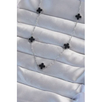 316l Çelik Gümüş Renk Minimal Siyah Mineli Yonca Kolye