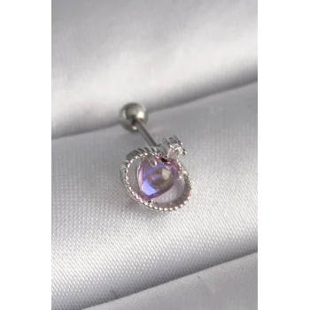 Çelik Gümüş Renk Mor Mineli Kalp Zirkon Taş Detay Tragus Piercing