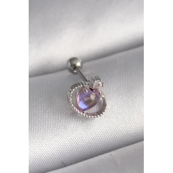 316L Çelik Gümüş Renk Mor Mineli Kalp Zirkon Taş Detay Tragus Piercing