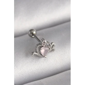 316L Çelik Gümüş Renk Pembe Mineli Kalp Zirkon Taş Detay Tragus Piercing