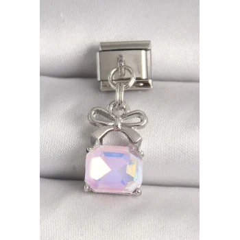 316L Çelik Gümüş Renk Pembe Zirkon Taşlı Çanta Model Nomination Charm