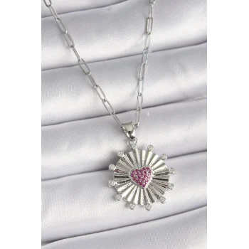 316l Çelik Gümüş Renk Pembe Zirkon Taşlı Kalp İşleme Madalyon Model Kadın Kolye