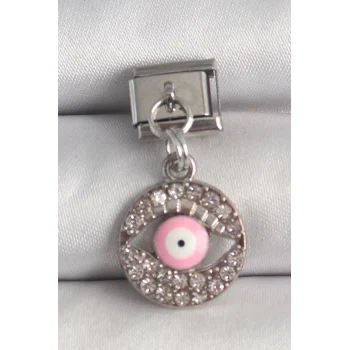 316L Çelik Gümüş Renk Sallantı Zirkon Taşlı Pembe Göz Model Nomination Charm