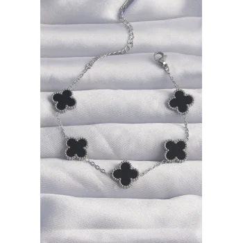 316l Çelik Gümüş Renk Siyah Mineli Yonca Bileklik