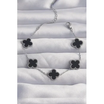 316L Çelik Gümüş Renk Siyah Mineli Yonca Bileklik