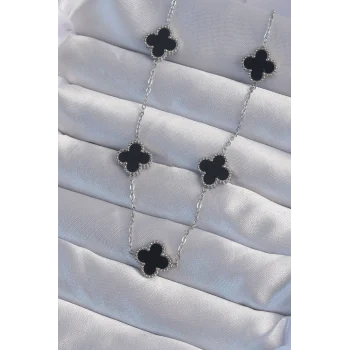 316l Çelik Gümüş Renk Siyah Mineli Yonca Kolye