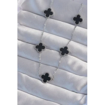 316L Çelik Gümüş Renk Siyah Mineli Yonca Kolye