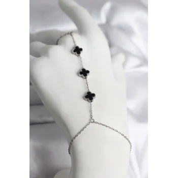 316L Çelik Gümüş Renk Siyah Yonca Model Kadın Şahmeran