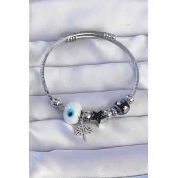 316l Çelik Gümüş Renk Siyah Zirkon Taşlı Yıldız Tasarımlı Ağaç Detay Nazarlı Charm Bileklik