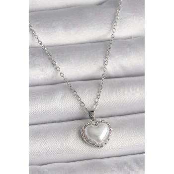 316l Çelik Gümüş Renk Zincir 3d İnci Kalp Model Kadın Kolye