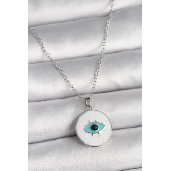 316L Çelik Gümüş Renk Zincir Beyaz Mineli Turkuaz Göz İşleme Model Kadın Kolye