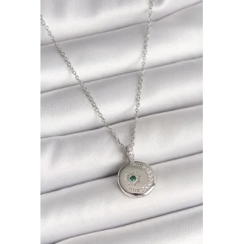 316l Çelik Gümüş Renk Zincir Madalyon Zirkon Taşlı İşlemeli Hilal Yıldız Model Kadın Kolye