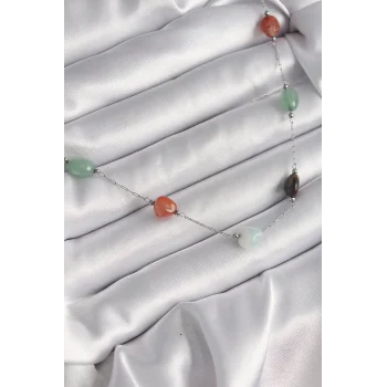 316L Çelik Gümüş Renk Zincir Renkli Doğaltaş Model Kadın Kolye