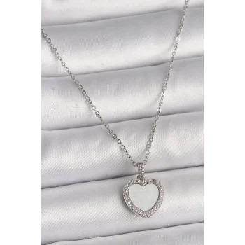 316L Çelik Gümüş Renk Zincir Zirkon Taşlı Beyaz Mineli Kalp Model Kadın Kolye