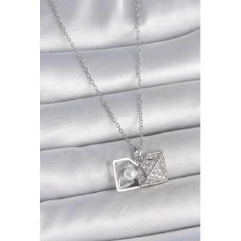 316L Çelik Gümüş Renk Zincir Zirkon Taşlı İncili Açılır Elmas Model Kadın Kolye