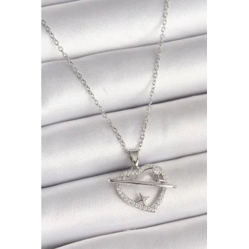 316l Çelik Gümüş Renk Zincir Zirkon Taşlı Kalp Model Yıldız Detay Kadın Kolye