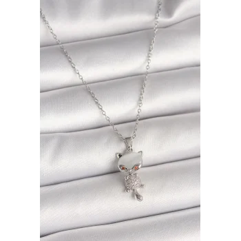 316L Çelik Gümüş Renk Zincir Zirkon Taşlı Kedi Model Kadın Kolye