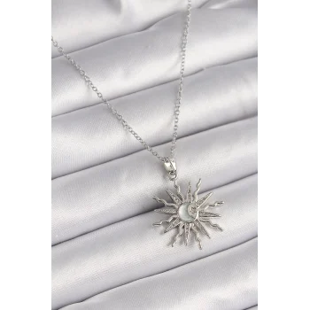 316L Çelik Gümüş Renk Zincir Zirkon Taşlı Güneş Model Sedefli Ay İşleme Detay Kadın Kolye