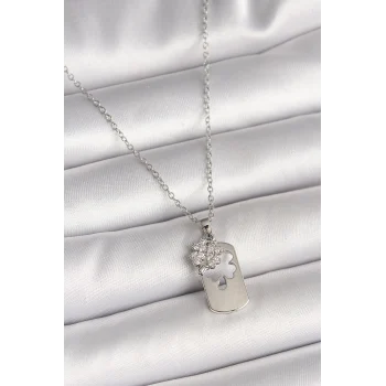 316l Çelik Gümüş Renk Zincir Zirkon Taşlı Yonca Model Kadın Kolye