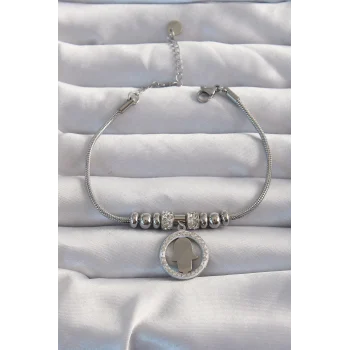 316l Çelik Gümüş Renk Zirkon Taş Aksesuarlı Fatma Ana Eli Bileklik