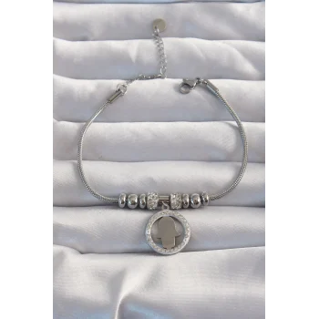 316L Çelik Gümüş Renk Zirkon Taş Aksesuarlı Fatma Ana Eli Bileklik