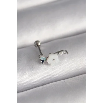 316l Çelik Gümüş Renk Zirkon Taş Detay Beyaz Çiçek Model Tragus Piercing